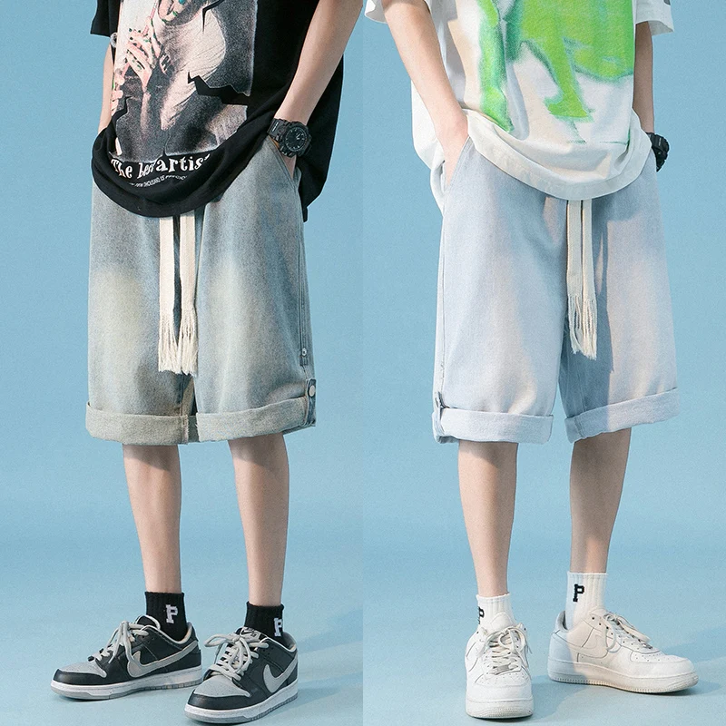 

Трендовые летние джинсовые брюки оверсайз с потертостями, прямые широкие брюки с веревкой, мужские свободные повседневные спортивные джинсовые шорты