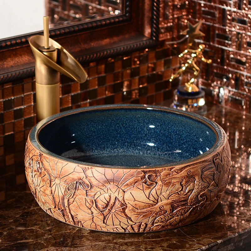 

Jingdezhen factory directly ceramic hand painted table top wash basin engrave brown porcelain ceramic wash basin bathroom sink