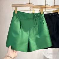 2022 new korean style elegant slimming beaded buckle grinding design high waist wide leg shorts office womens summer outfits
