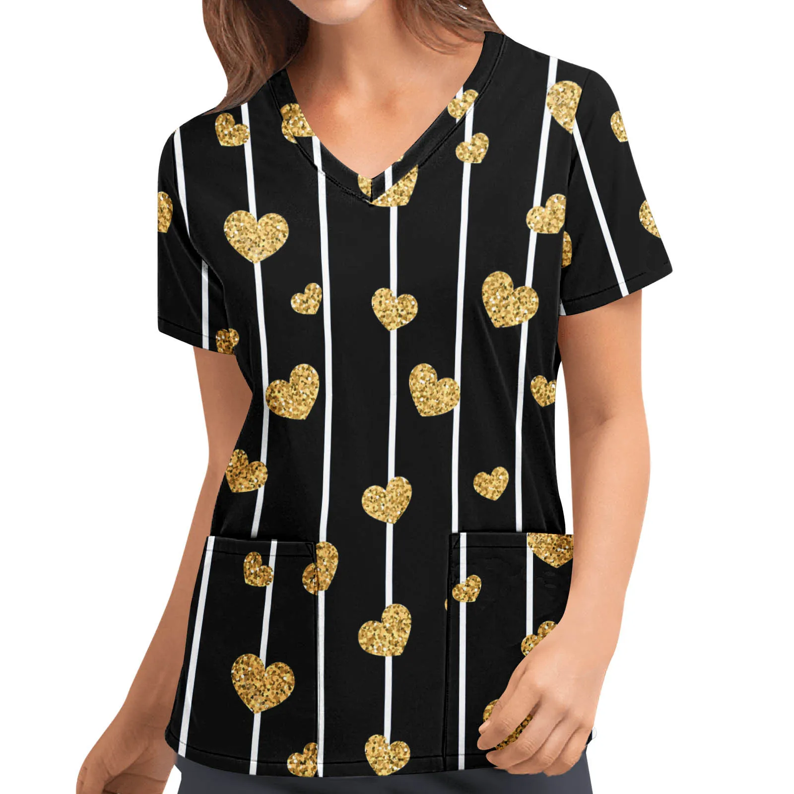 

V Short Working Print Tops Valentine's Sleeve Shirt Neck Day Blouse Fashion Women Women's Blouse