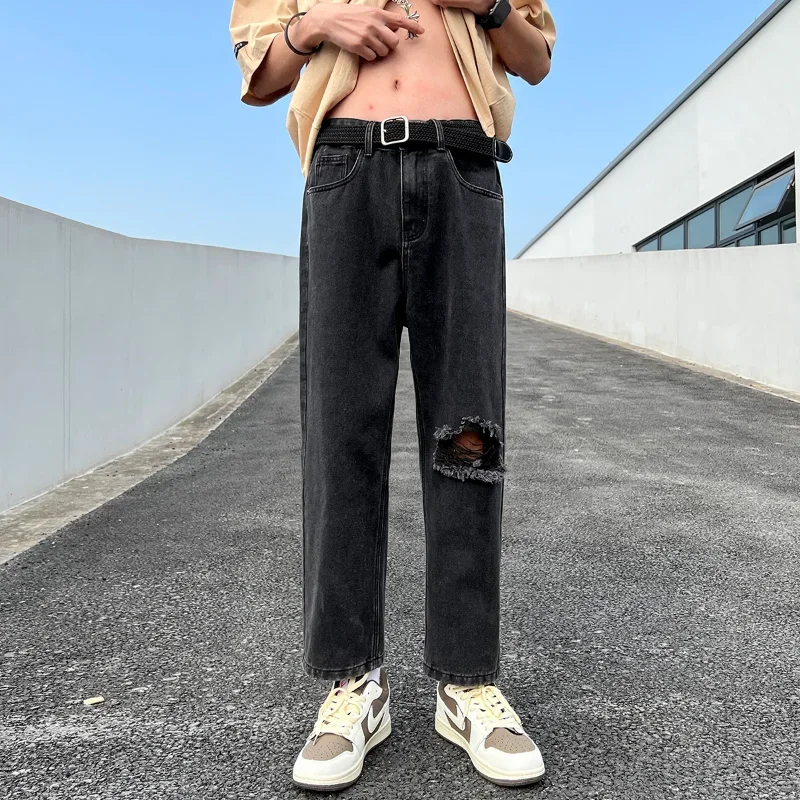 

Jeans Men's Spring and Summer Vintage High Street Pant Cropped Pants Slim Fit Broken Hole Small Straight Casual Trousers D101
