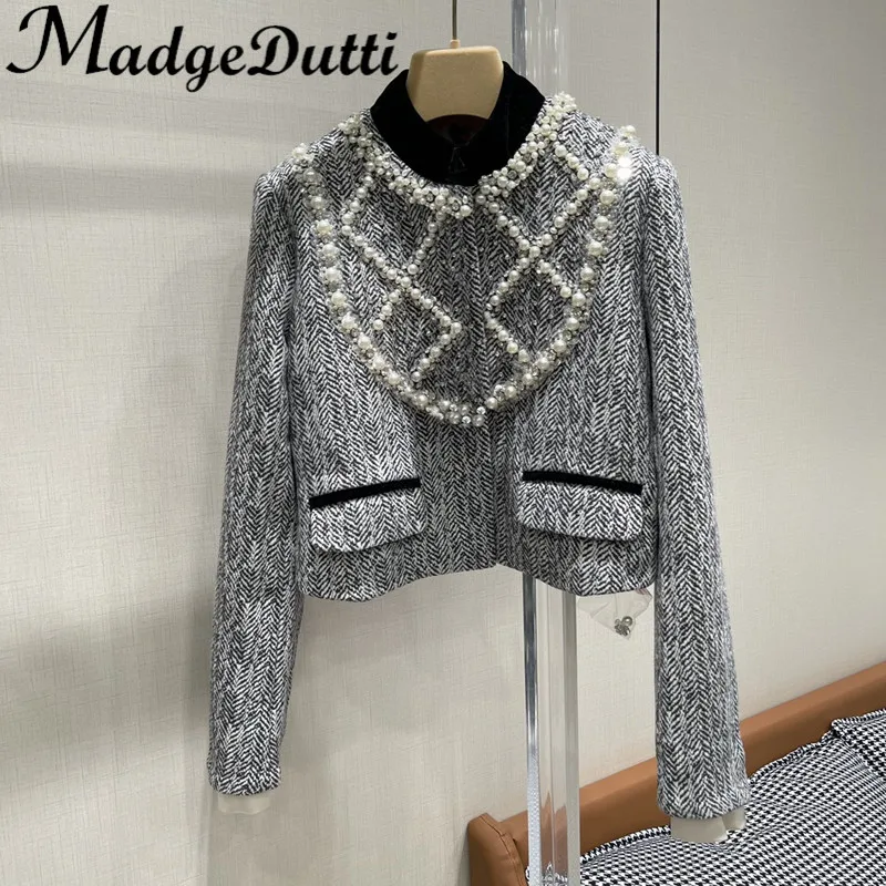 

10.28 MadgeDutti Heavy Industry Pearl Rhinestone Argyle Decoration Herringbone Tweed Short Jacket Women