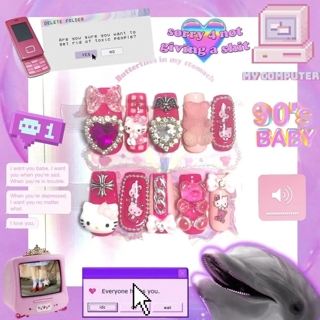 

2023 Kawaii Hello Kitty DIY Nails Y2K Cartoon Press on Nails Handmade Bowknot Wear Armor Anime Toy Decor Accessories Sparkling