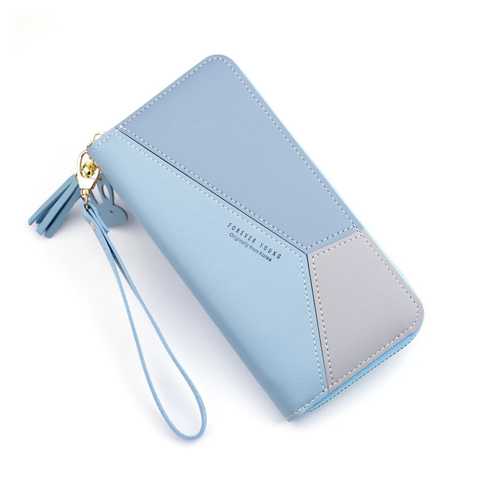 

2022NEW Geometric Patchwork PU Leather Women Long Zipper Wrist Purses Tassel Design Clutch Forever Young Wallet Female Card