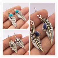 925 silver needle leaves earring lapis stone dangle hook earrings textured fine earring bohemian jewelry handmade earring