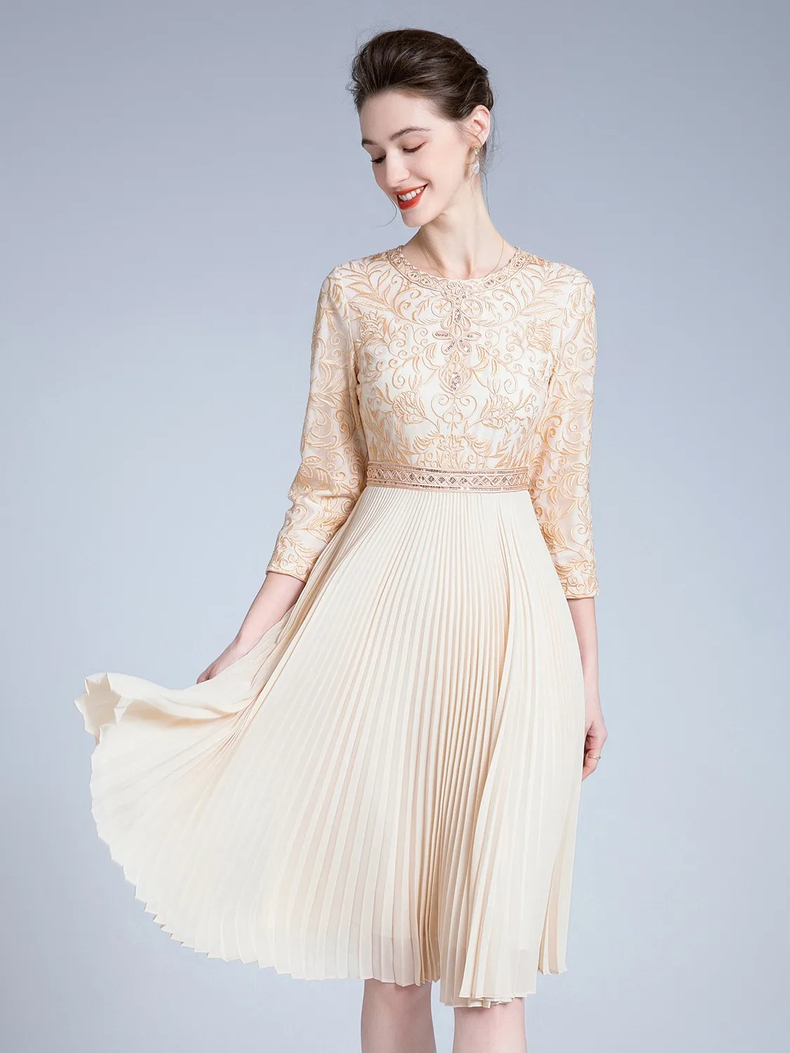 Женское винтажное платье миди AELESEEN бежевое плиссированное с цветочной вышивкой