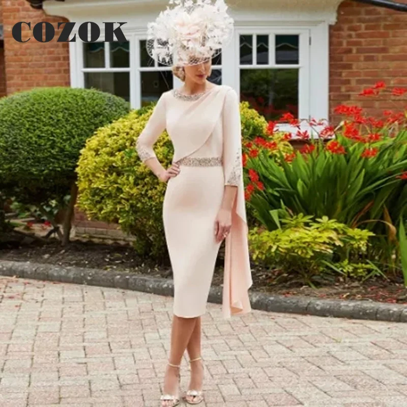 

Short Elegant Nude Pink Mother of the Bride Dresses Beaded Tea Length Three Quarter Sleeve Formal Wedding Party Gowns YW24