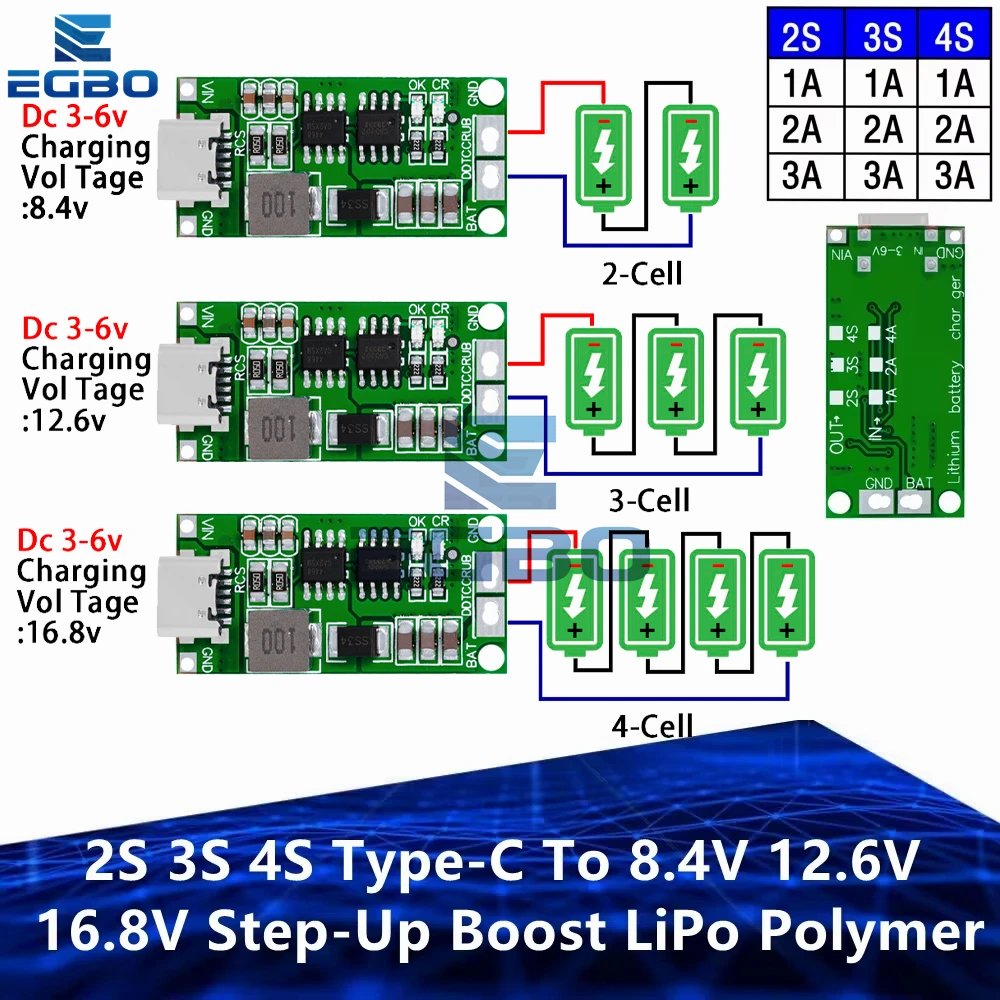 EGBO Step Up Boost литий-ионное зарядное устройство 2S 3S 4S Type-C 8 4 В 12 6 16 LiPo Polymer литиевая