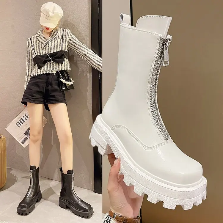 

Брендовые женские ботинки на молнии, женская обувь с квадратным носком, верхняя одежда на платформе и среднем каблуке, зимние кожаные утепл...