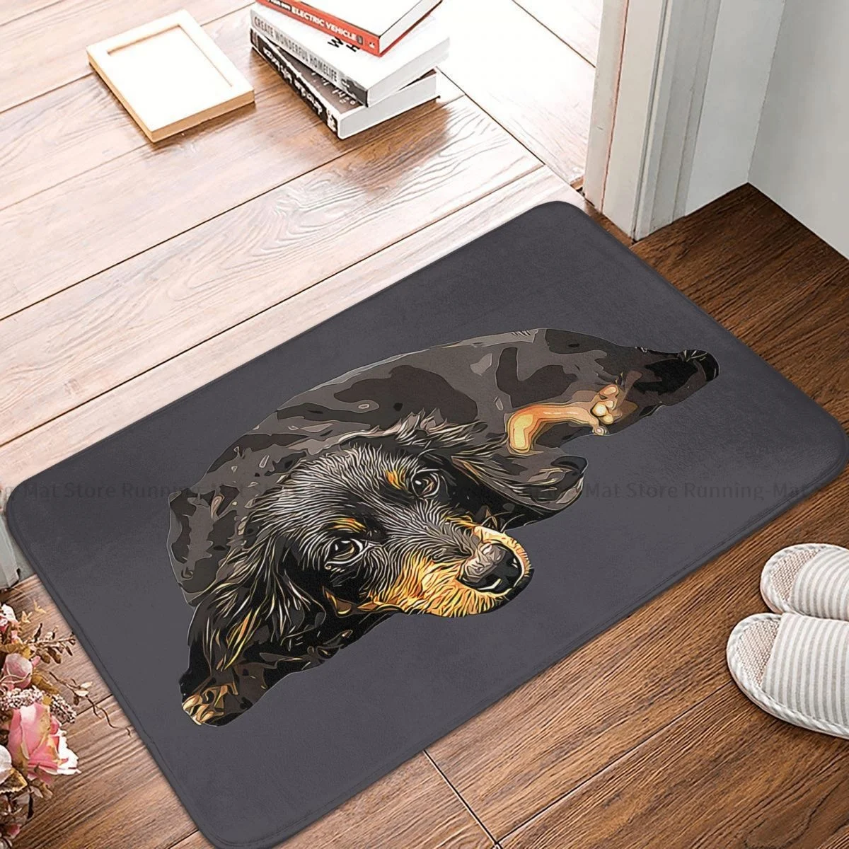 

Dachshund Pet Dog Bedroom Mat Long Haired Black Tan Miniature Doormat Kitchen Carpet Entrance Door Rug Home Decor
