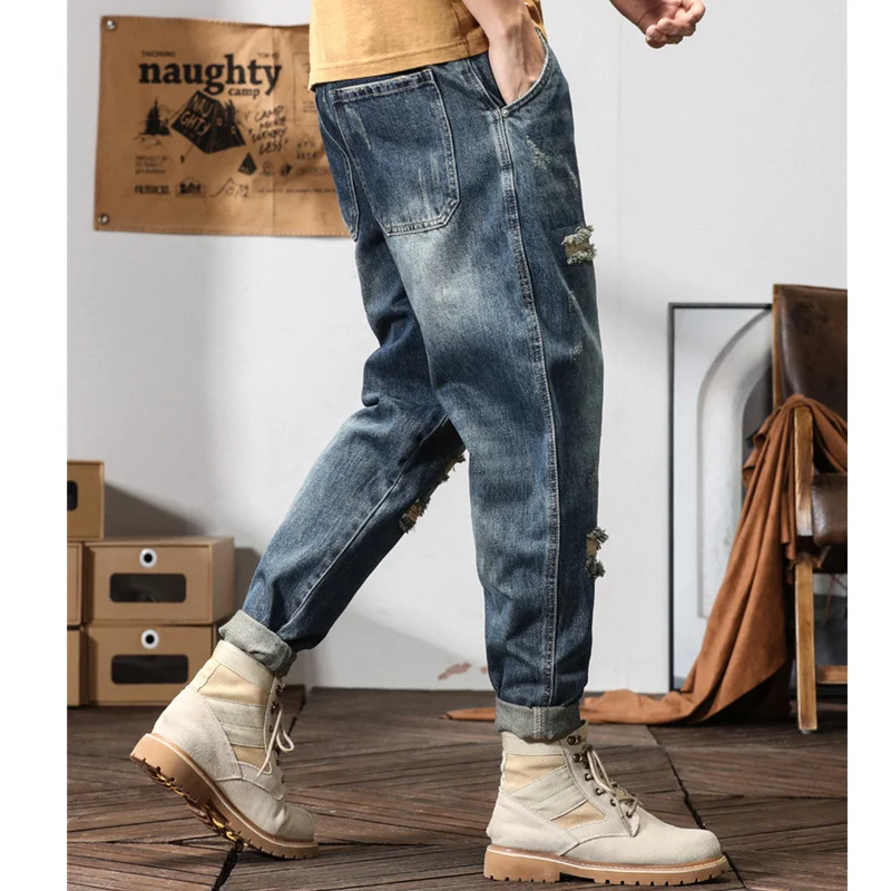 Men Clothing 2022 New Straight Loose Cylinder Jeans Vintage Comfortable Blue Ripped  Harun Trousers Female Autumn and Winter
