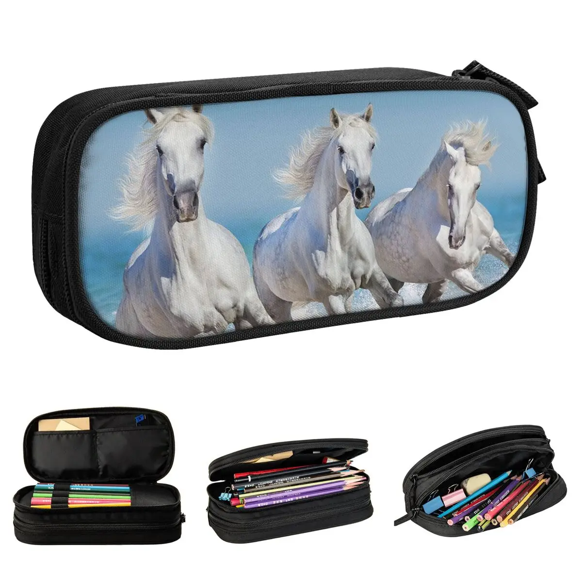 

Beautiful White Horse Pencil Case Cute Galloping Animal Lovers Pen Box Bags Student Big Capacity Students School Pencilcases