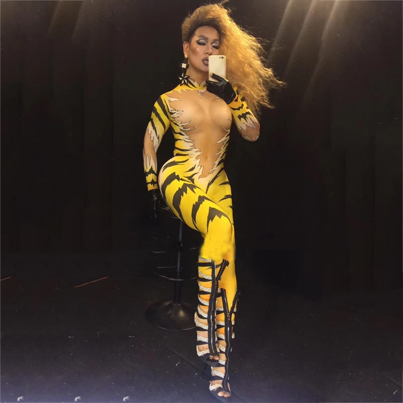 Соблазнительный тигровый комбинезон боди с блестящими кристаллами костюм для