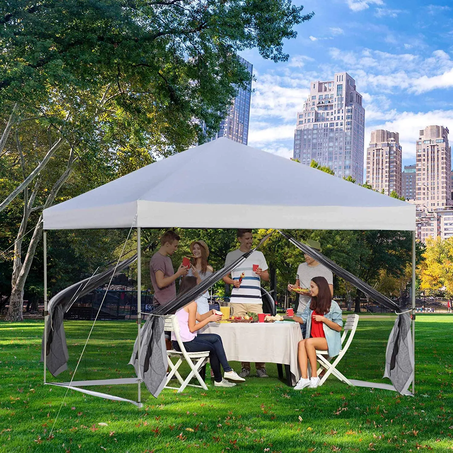 Portable Folding Tent Gazebo Outdoor With Removable Sidewalls Mesh Curtains Carrying Bag White