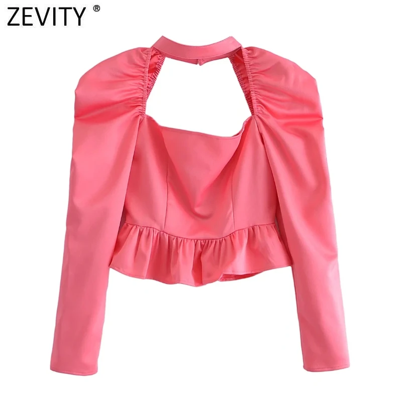 

Zevity New Women Sexy Hollow Out Design Stand Collar Short Blouse Ladies Chic Puff Sleeve Ruffles Shirt Casual Crop Tops LS10001