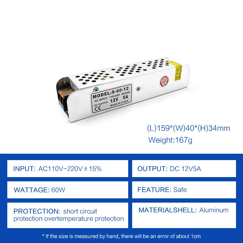 

AC DC Long Bench Power Supply 12V 5A 60W DC Source LED Lighting Transformer Converter 220V TO 12 Volt 60W For LED Lights