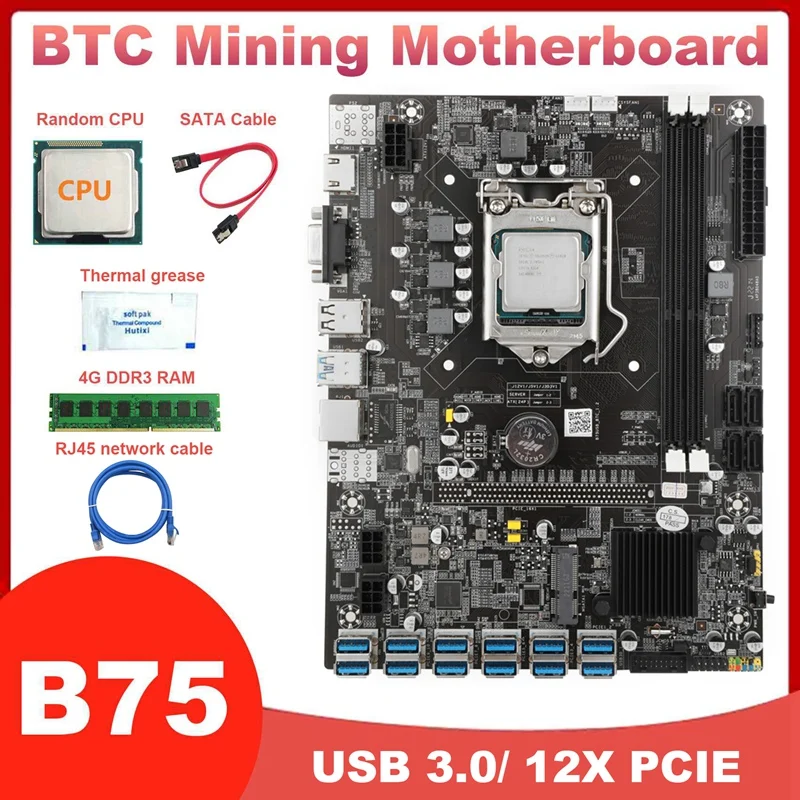 

B75 USB BTC Mining Motherboard+CPU+4G DDR3 RAM+SATA Cable+RJ45 Network Cable+Thermal Grease 12XPCIE USB3.0 LGA1155 MSATA