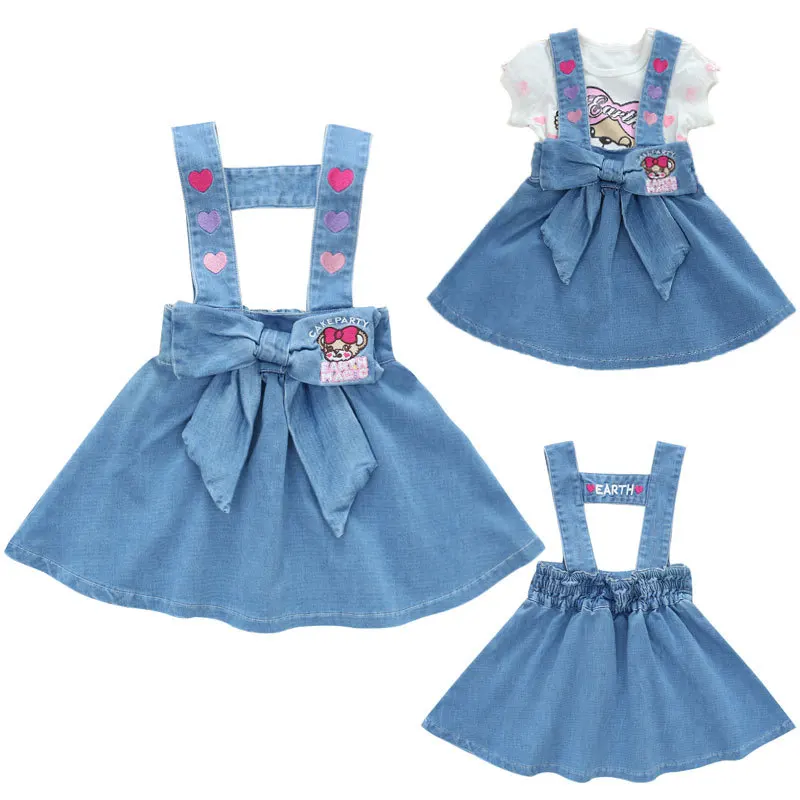 

2023 Summer Kids Girls Cartoon Magic Bear Bow Love Letter Embroidered Strap Skirt Dress