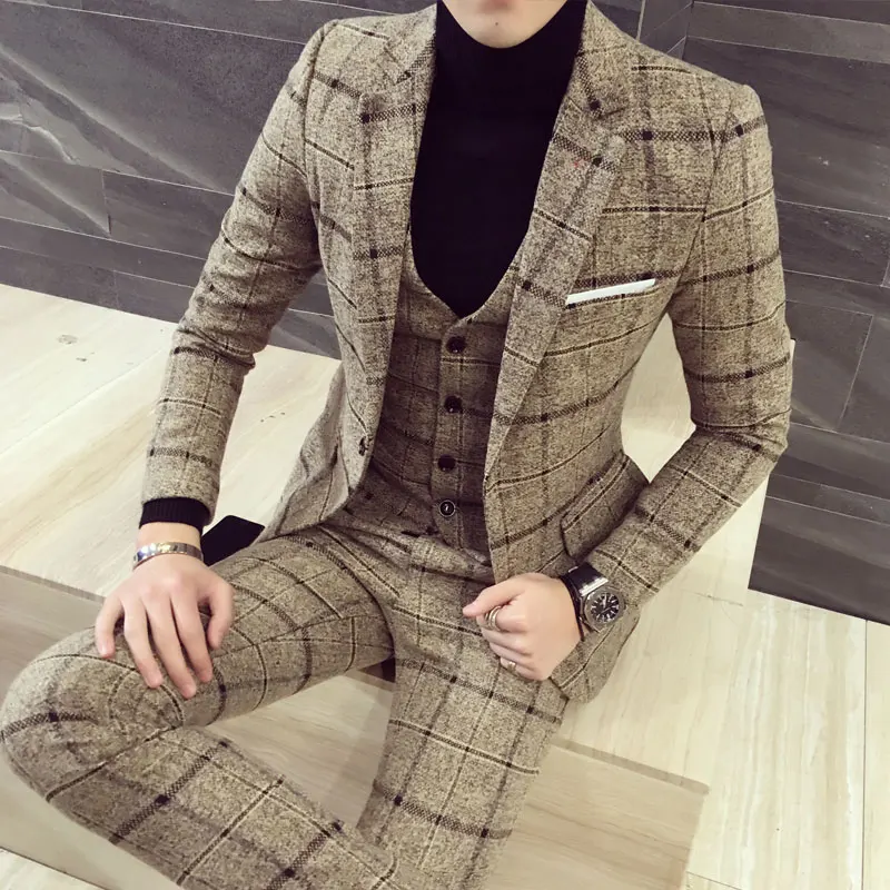 (Jackets +Pants+Vest) Luxury Men Groom Wedding Tuxedo Fashion Wool Plaid Business Slim Suits High Quality Casual Business Suit