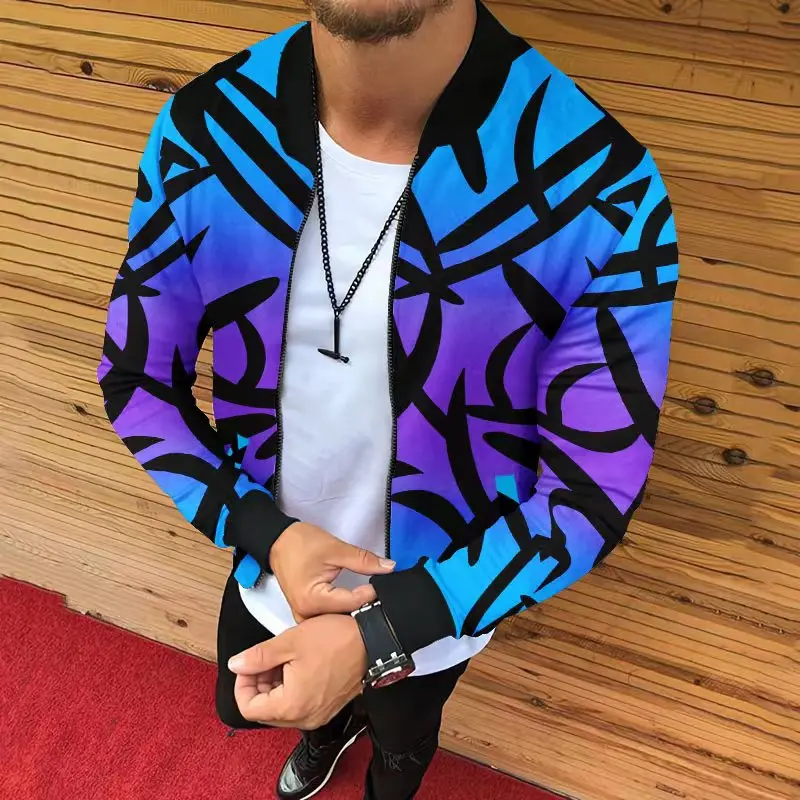 

2022 autumn windbreaker men's zipper street baseball uniform 3D printing random flower geometry casual all-match coat tops slim