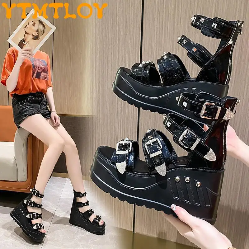 

Cosmagic New Sexy Belt Rivet Buckle Sandals Summer Women Black High Heel Gothic Punk Platform Gladiator Wedge Shoe Crocse
