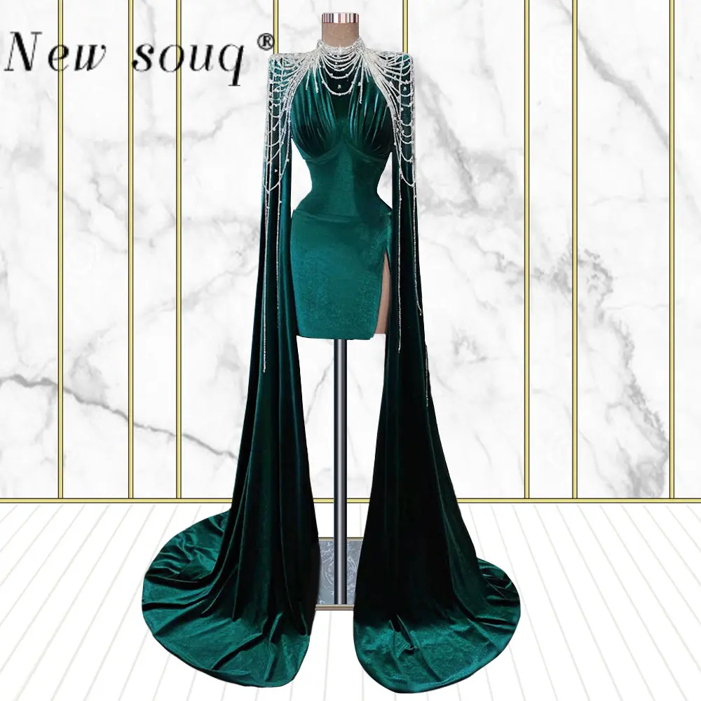 

Арабское зеленое бархатное короткое платье для выпускного вечера с длинным рукавом с бусинами и кисточками элегантные женские платья для в...