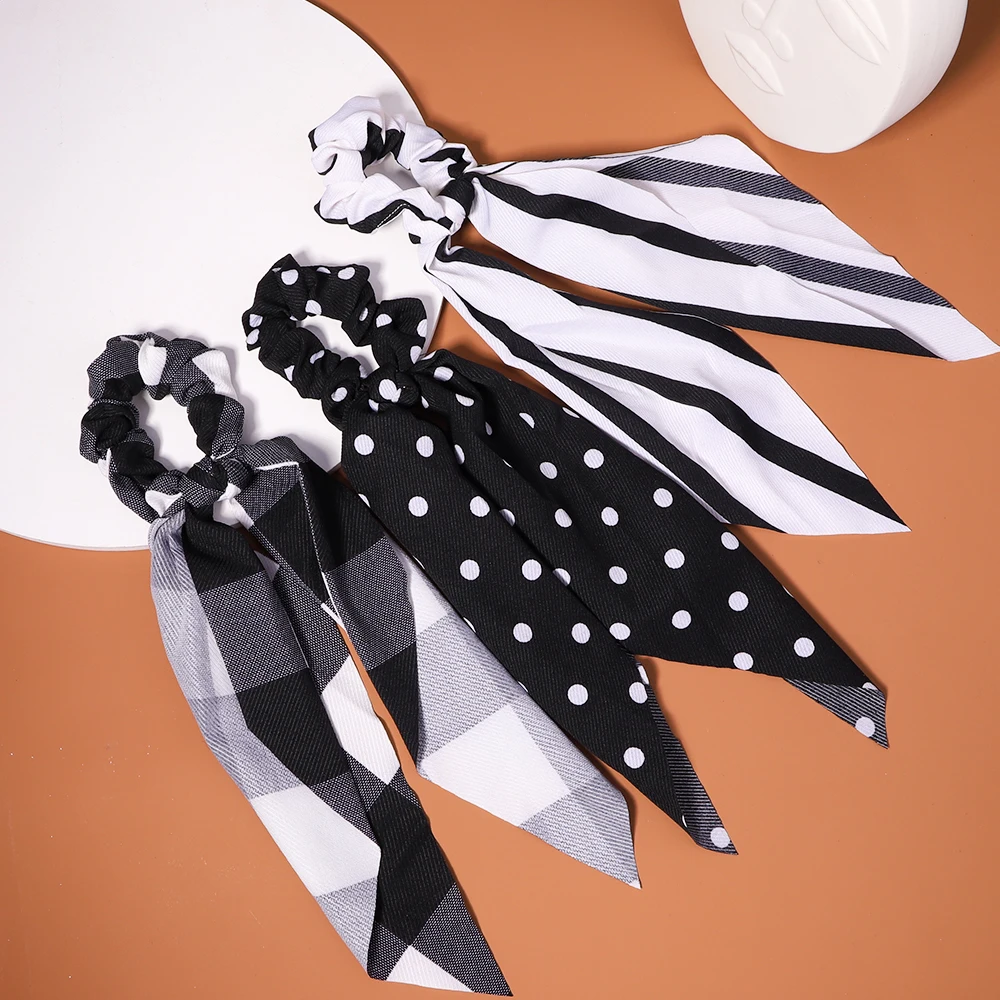 

Black And White Plaid Dot Bow Hair Scrunchies For Woman Girls Tailing Elastic Hairband Daily All-match Headwear Hair Accessories