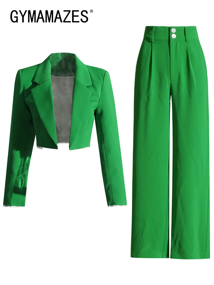 

GYMAMAZES Slim Two Piece Set For Women Notched Collar Long Sleeve Blazer High Waist Hit Color Wide Leg Pants Casual Set Female