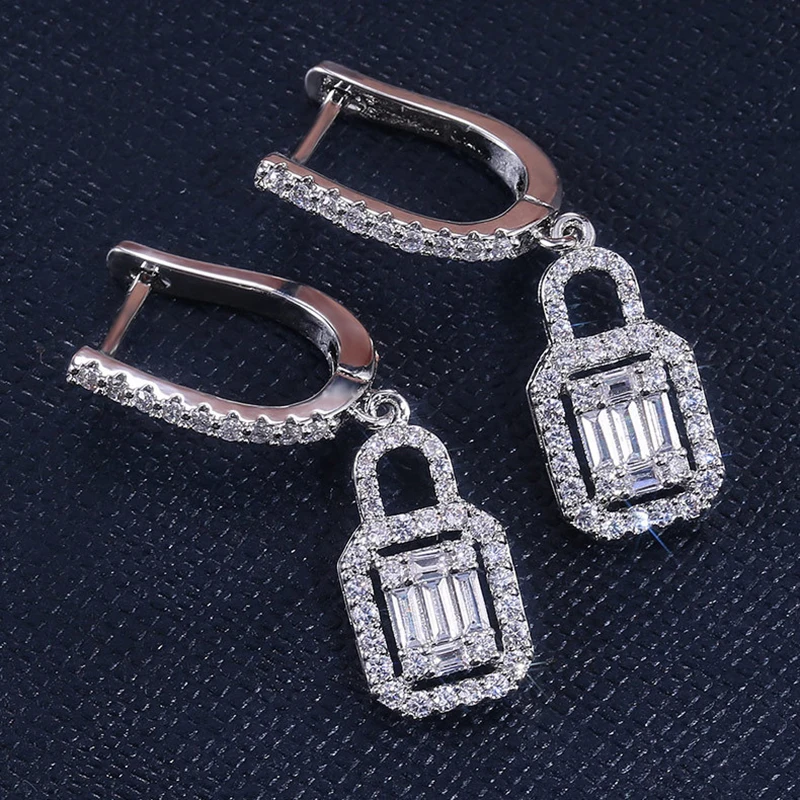

New Luxury Trendy Silver Plated Lock Drop Earrings For Women Shine T Type CZ Stone Full Paved Fashion Jewelry Wedding Party Gift
