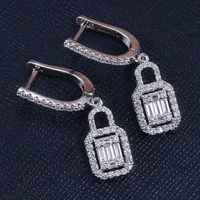 new luxury trendy silver plated lock drop earrings for women shine t type cz stone full paved fashion jewelry wedding party gift