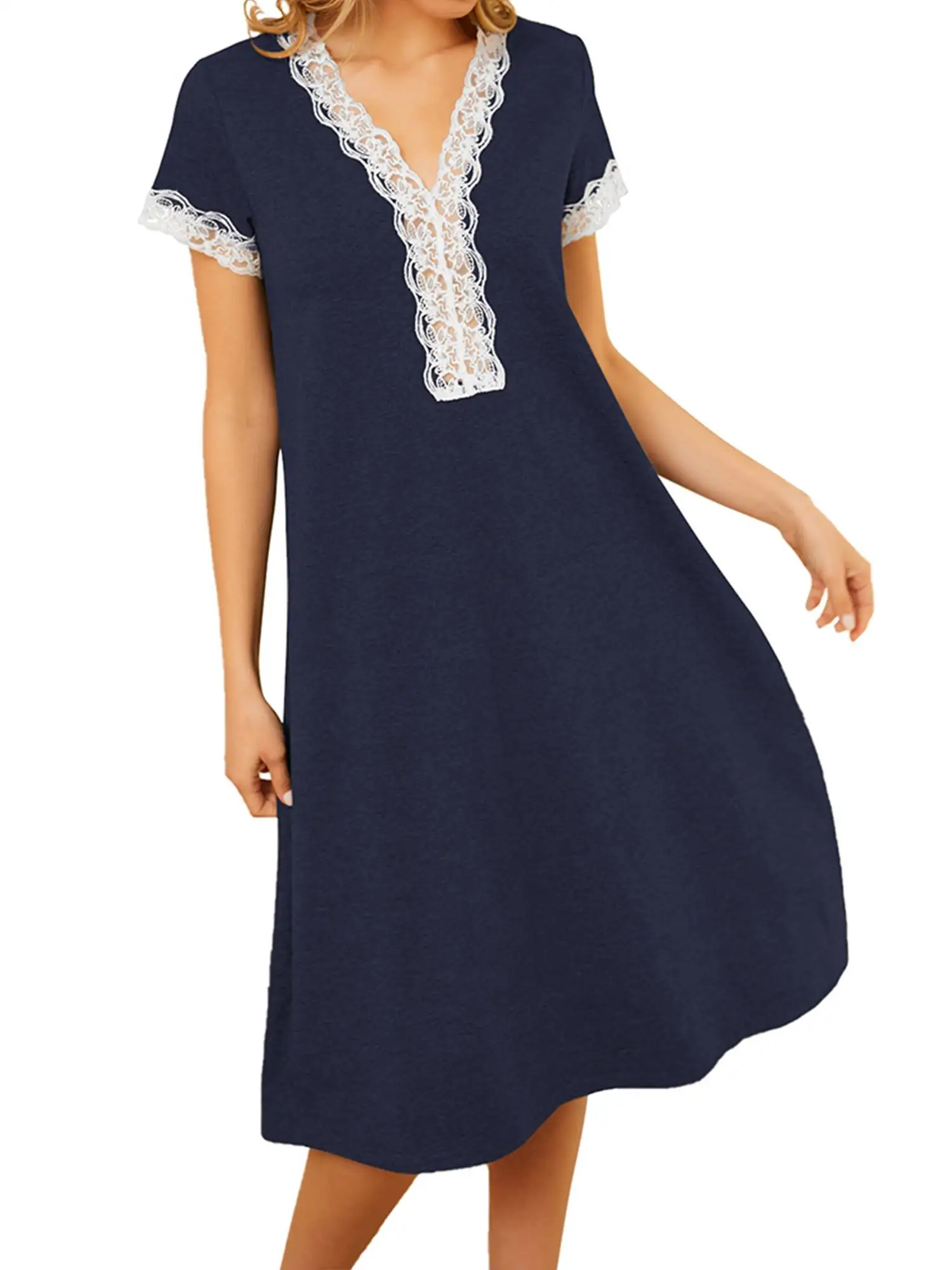 

Solid Color Ladies Loose Night Dress Lounge Wear Women Short Sleeve Summer Dress Floral Lace Hollow Out V Neck Casual Dress
