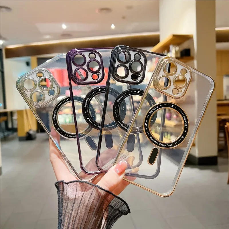 Electroplated Magnetic Suction Phone Case Suitable For iPhone 14, 13, 12, 11 Pro Max Plus Transparent Fall Protection Case