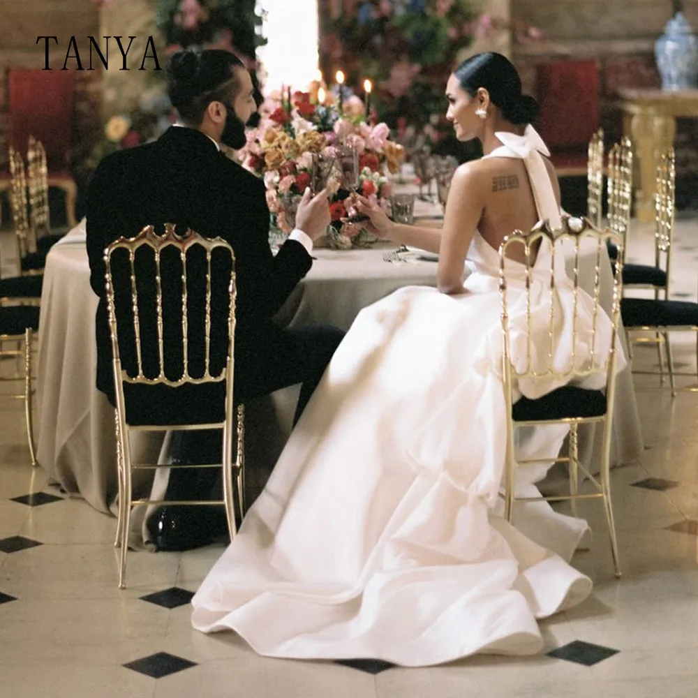 Элегантное свадебное платье с круглым вырезом атласное ТРАПЕЦИЕВИДНОЕ ПЛАТЬЕ С