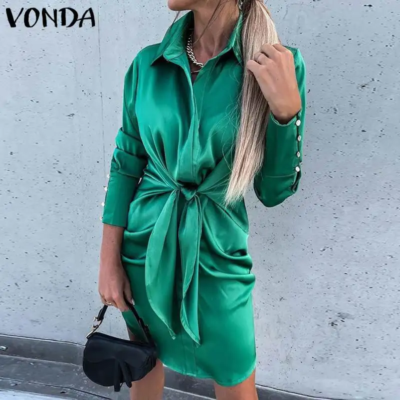 

Elegant Mini Dress 2022 VONDA Women Vintage Long Sleeve Lapel Button Down Party Shirt Dress Vestidos Holiday Summer Sundress