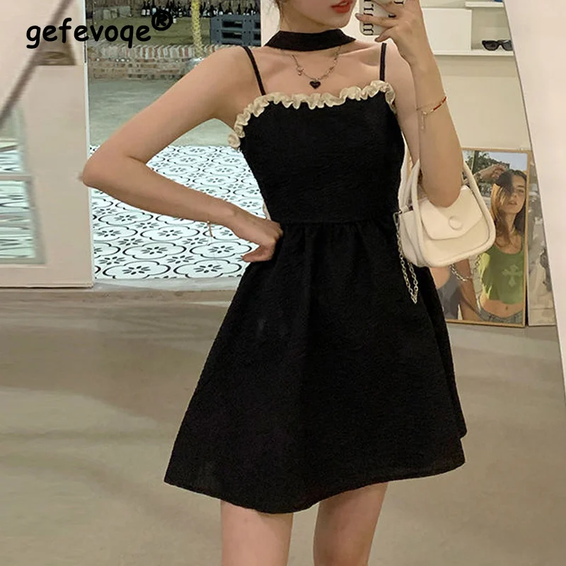 

Black Sexy Off Shoulder Backless Ruffle Bow Lace Up Kawaii Sweet Chic Party Dresses for Women Summer Sleeveless Club Mini Dress
