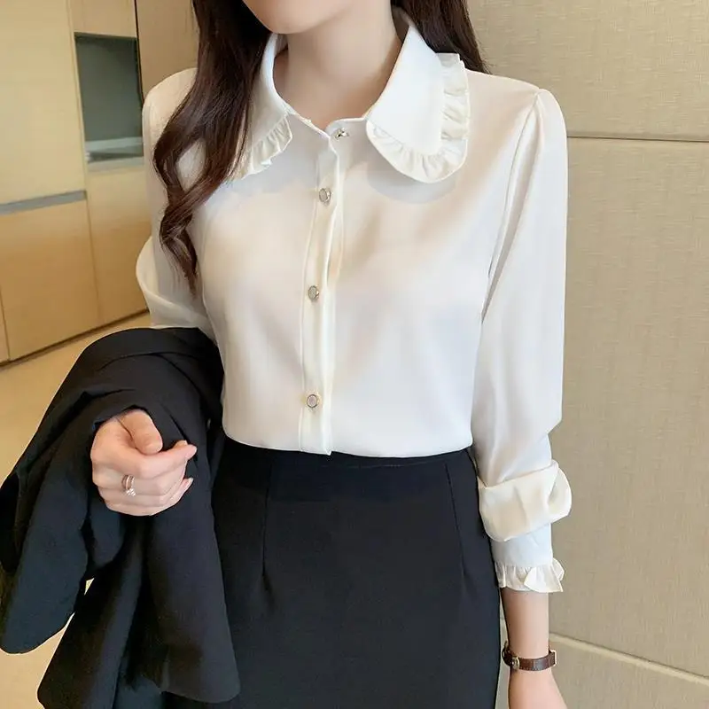 

3XL Summer Long-Sleeve Peter Pan Collar Blouse Thin Top 2022 Spring Autumn New Graceful and Fashion White Chiffon Shirt Women