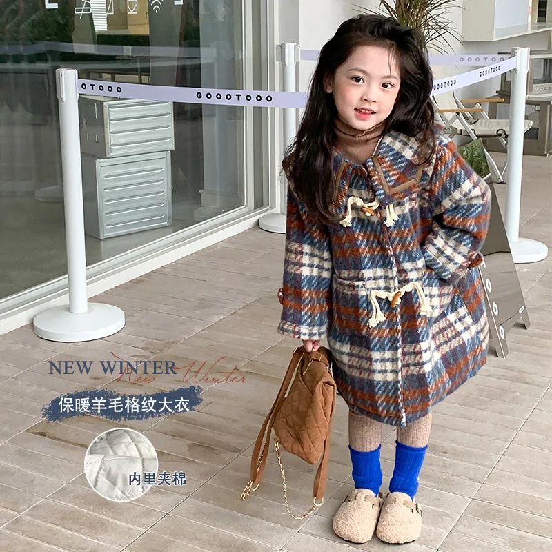 

2022 Winter New Fashion Girl's Coat Winter Clothing Children's Long Thickened Plaid Wool Coat Gabardinas Girls Winter Clothing
