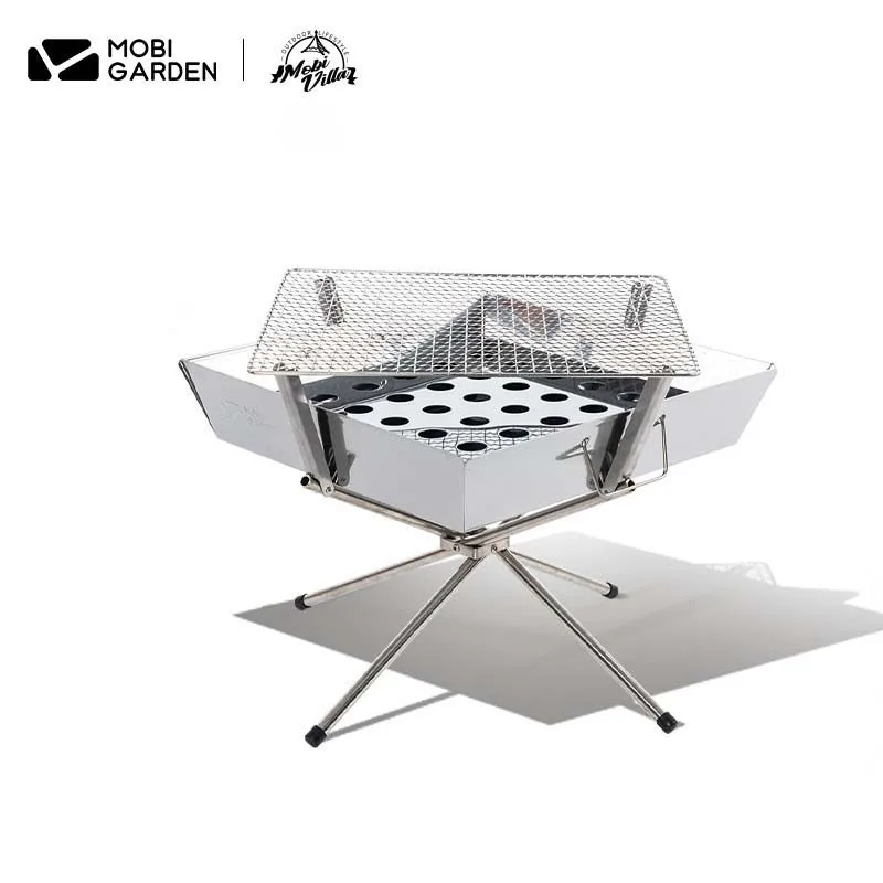 

MOBI GARDEN Outdoor Camping Stove Folding Stainless Steel Double Layer BBQ Grill Multifunctional Portable Burning Fire Table