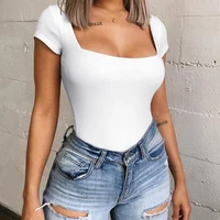 sexy streetwear party body top short sleeve square collar bodysuit women summer black white red