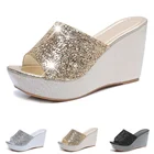 Новинка 2022, модные женские Летние Повседневные тапочки DAFENP на танкетке на высоком каблуке, женские сандалии, серебристые блестящие женские шлепанцы, обувь