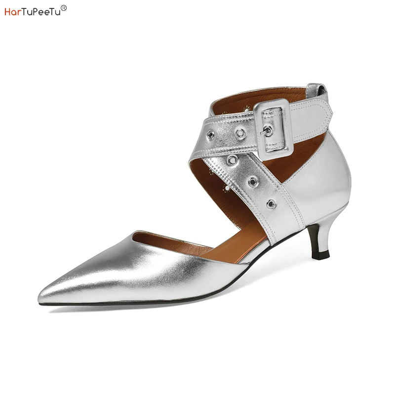 

Gold Silver Black Sandals Women Luxury Med Kitted Heel Shoes 2023 Summer Genuine Leather Korean Cross Buckle Office Ladies Pumps