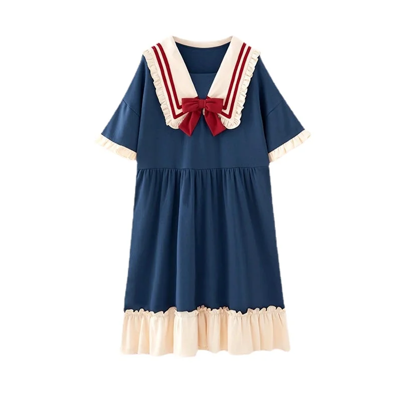 QWEEK Women's Nightgowns Kawaii Princess Style Nightdress Bow Navy Collar Sleepdress Summer Homedress Nightwear Cosplay Cute