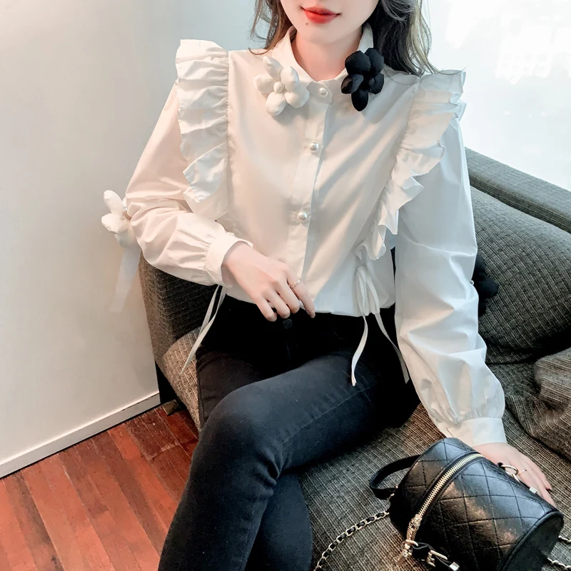 

Трехмерная дизайнерская нишевая рубашка с цветами, Женская однотонная элегантная французская рубашка с оборками, Ретро Шикарный топ, корей...