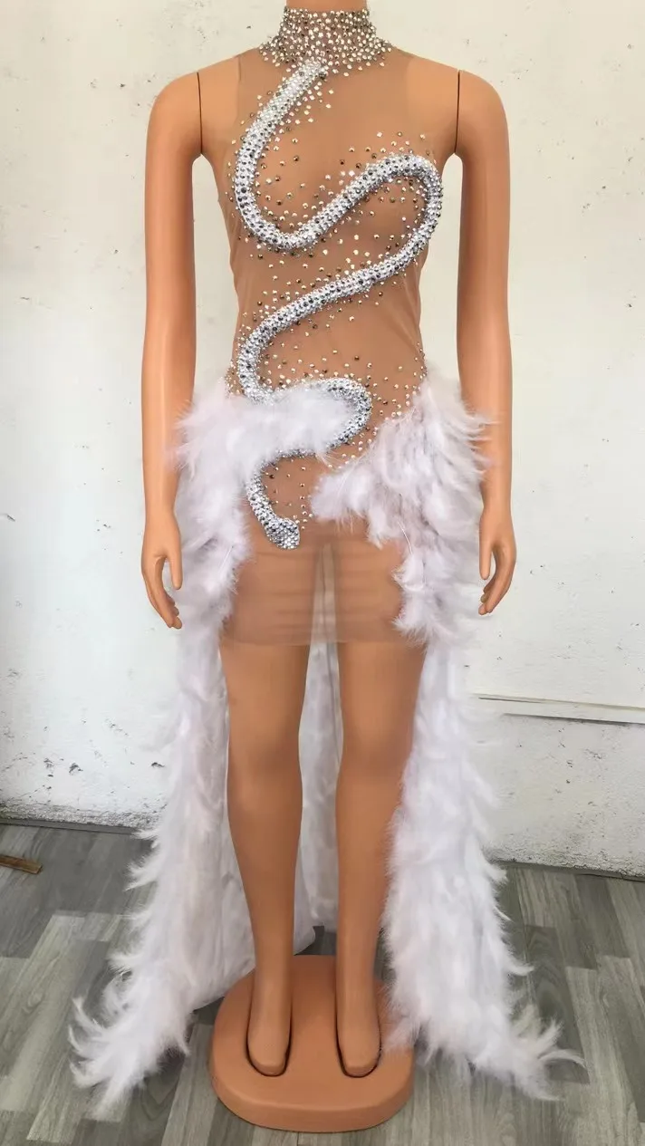 

Sexy SleevelessTransparent Mesh Feather Train Dress Birthday Evening Celebrate Rhinestones See Through Costume