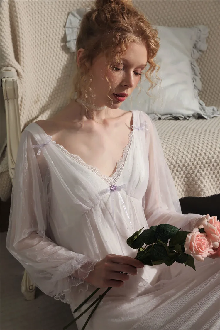 Women's Retro Court Style Elegant Chic Wave Point Gauze Modal Lining with Removable Chest Pad Nightgowns Sleepshirts Sleepwear