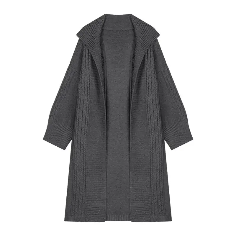 

Женский Осенний вязаный кардиган средней длины, серый свитер с большими лацканами и длинными рукавами