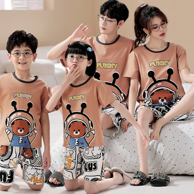 Summer Parent-Child Pajamas Set Family Sleepwear Adult Children  Cotton Cute Dog Kawaii Home Wears Unisex Loungewear pijama