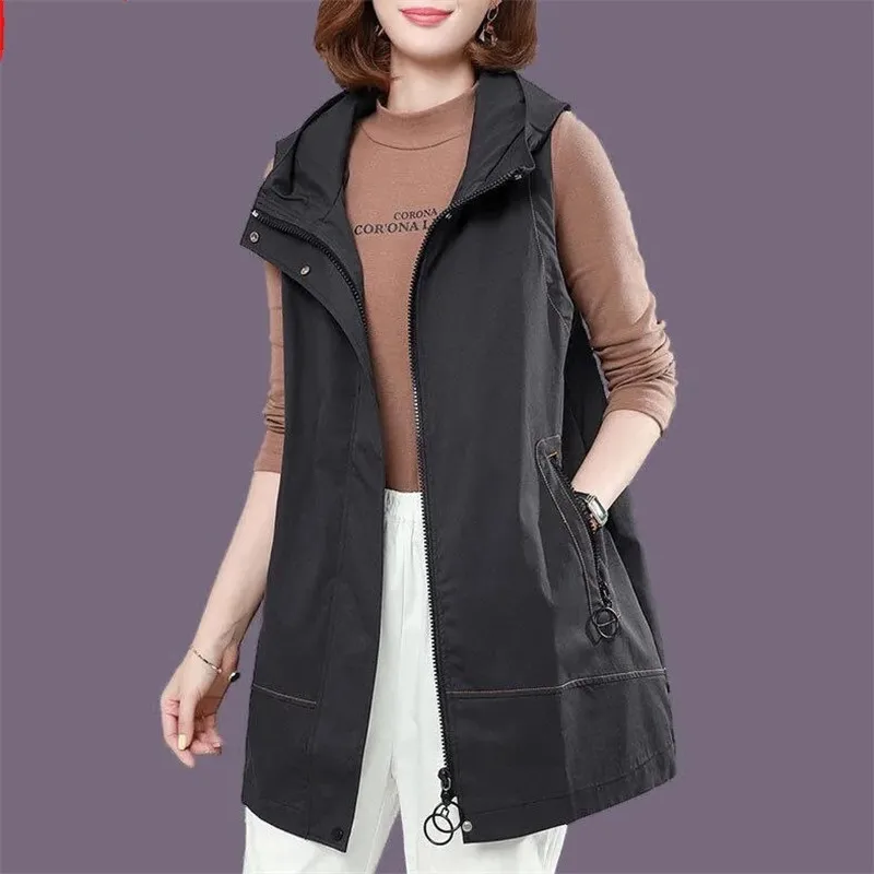 

Hooded Vest Women Jacket Spring Autumn Harajuku Mid-Length Sleeveless Zipper Gilet Outerwear Female Pocket Casual Waistcoat