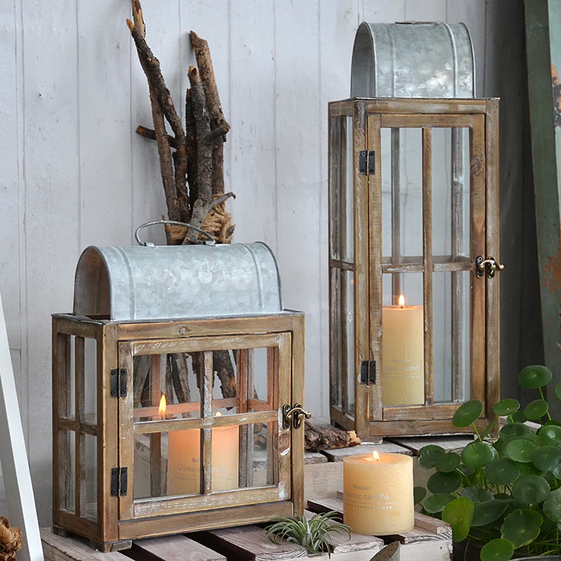 solid wood zinc hand craft vintage rectangle lantern decorat