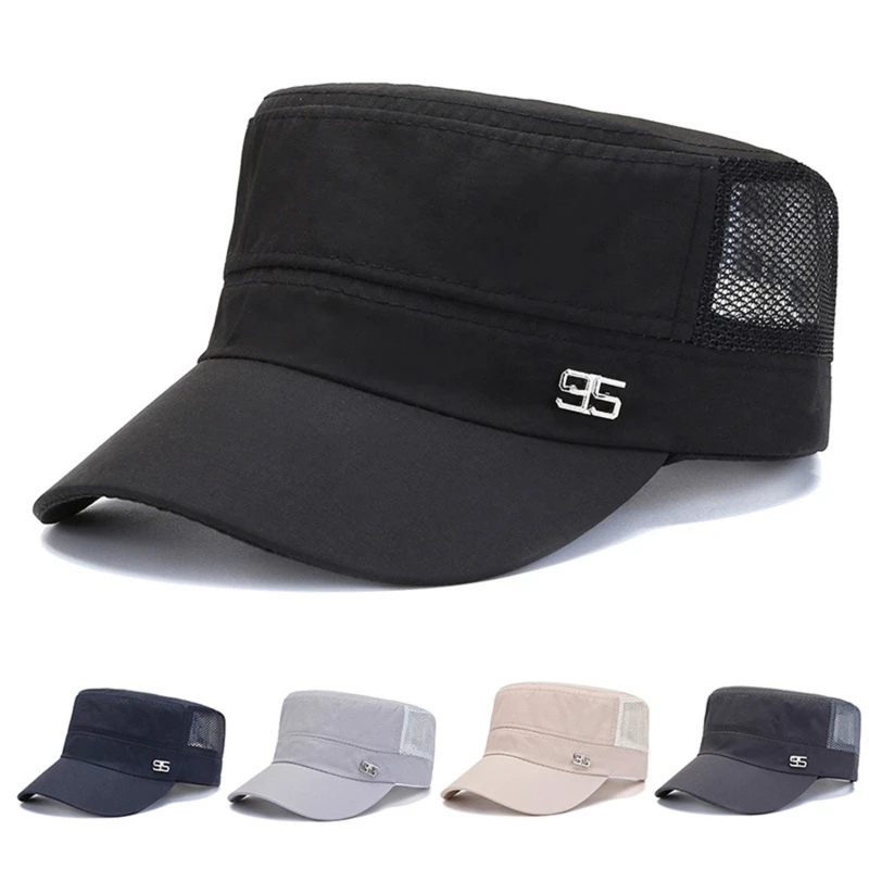 

New Summer Military Hats Breathable Mesh Flat Top Caps Men Women Unisex Outdoor Travel Adjustable Casual Cadet Army Caps